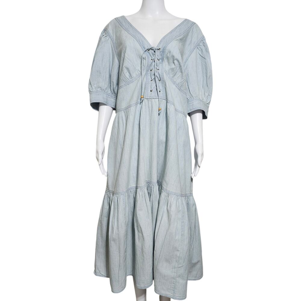 Lauren Ralph Lauren Black Label Chambray Puff-Sleeve Dress Plus Size 18W Pockets - Picture 6 of 15